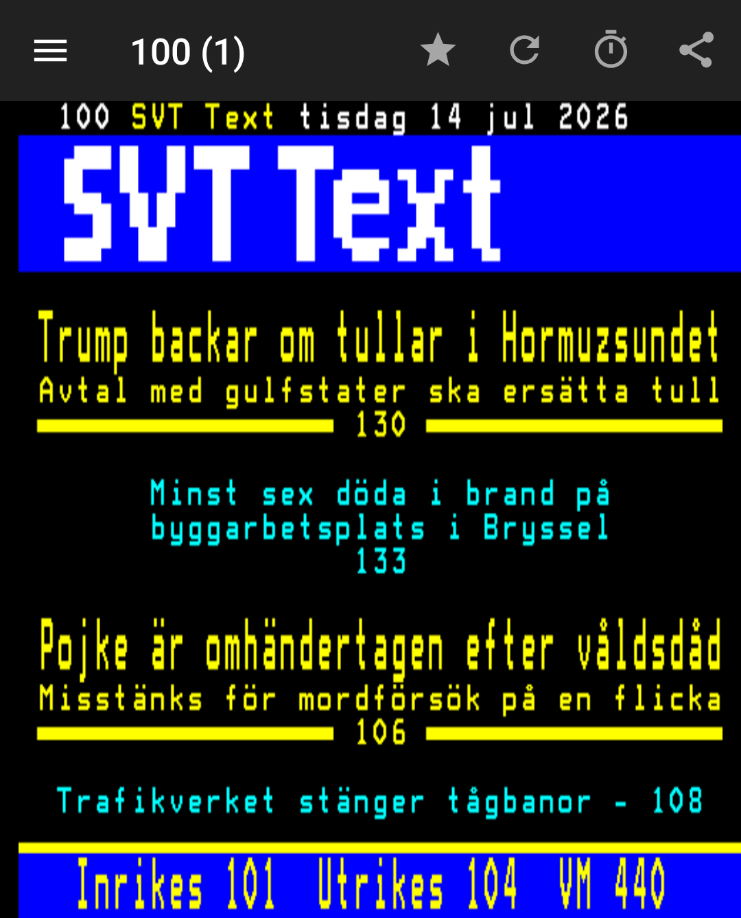 aText-TV showing the SVT Text front page (Sweden)
