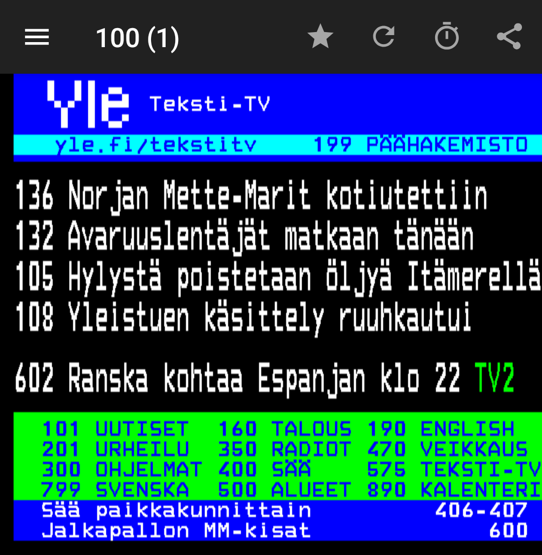 aText-TV showing the YLE Teksti-TV front page (Finland)